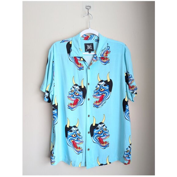 ED HARDY Oni Mask Devil Face Camp Shirt Button Down Short Sleeve Shirt - Picture 3 of 10